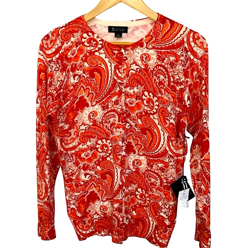 SISTERS sz Small Cardigan Long Sleeves Paisley Orange White NWT